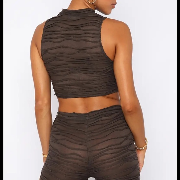 Large Y2K Brown Abstract Ruched Set Crop Top & High Waist Pants Light & Stretchy - Picture 9 of 9